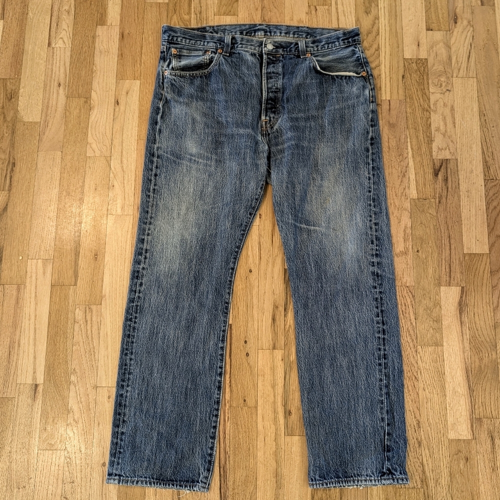 Levis 501 Button Fly Denim Jeans 38x31 Made In Egypt Distressed Faded